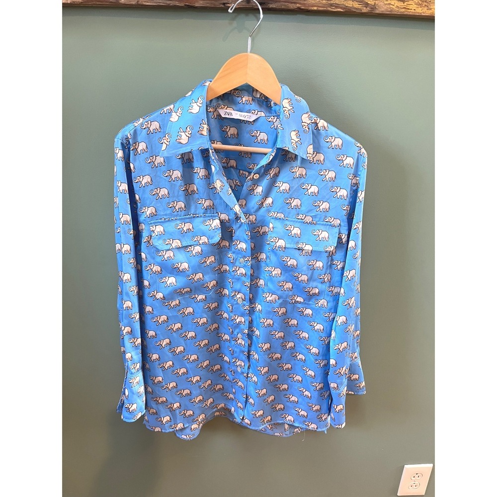 Zara Blue Elephant Print Button-Down Shirt